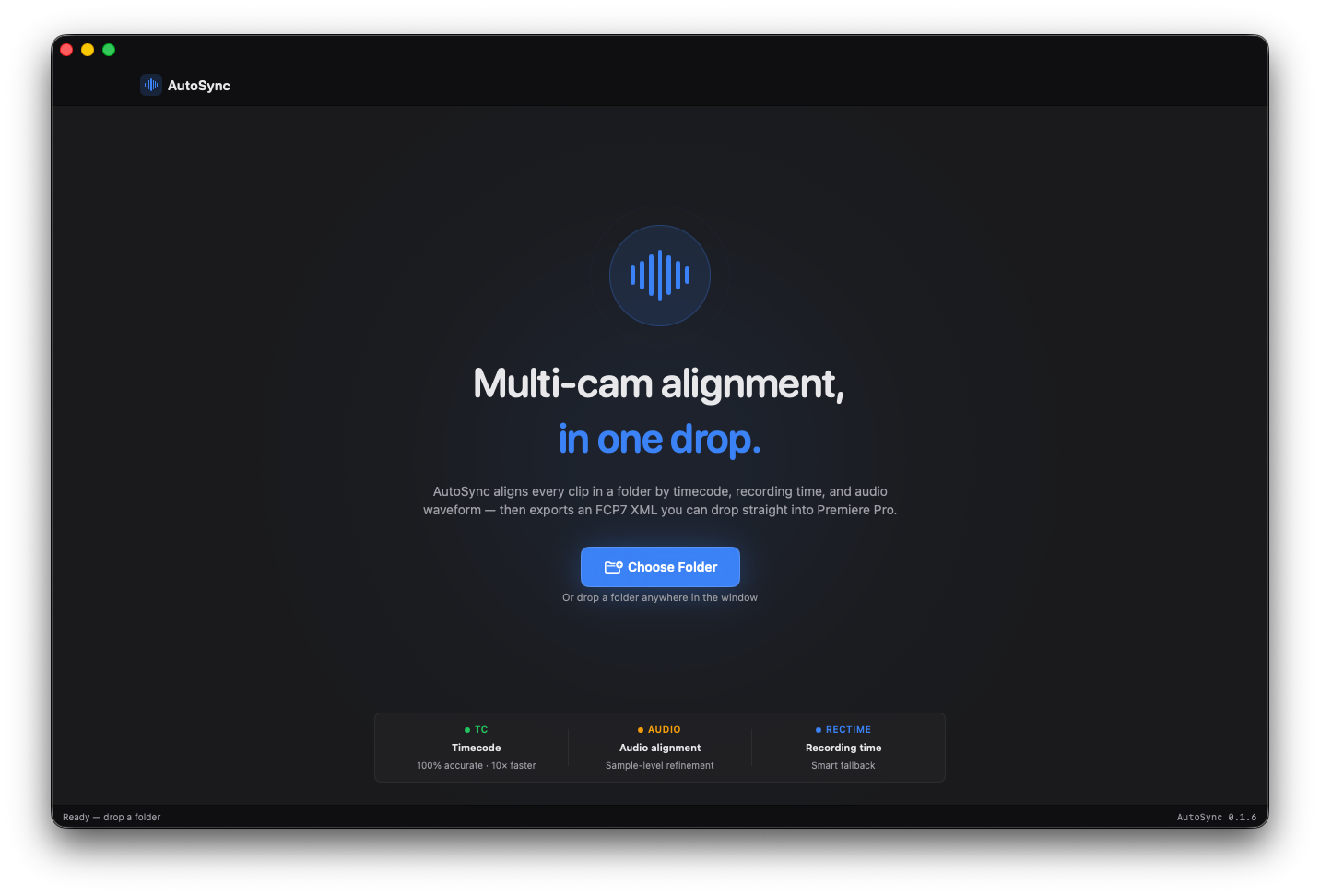 AutoSync welcome screen with drop-target for the session folder