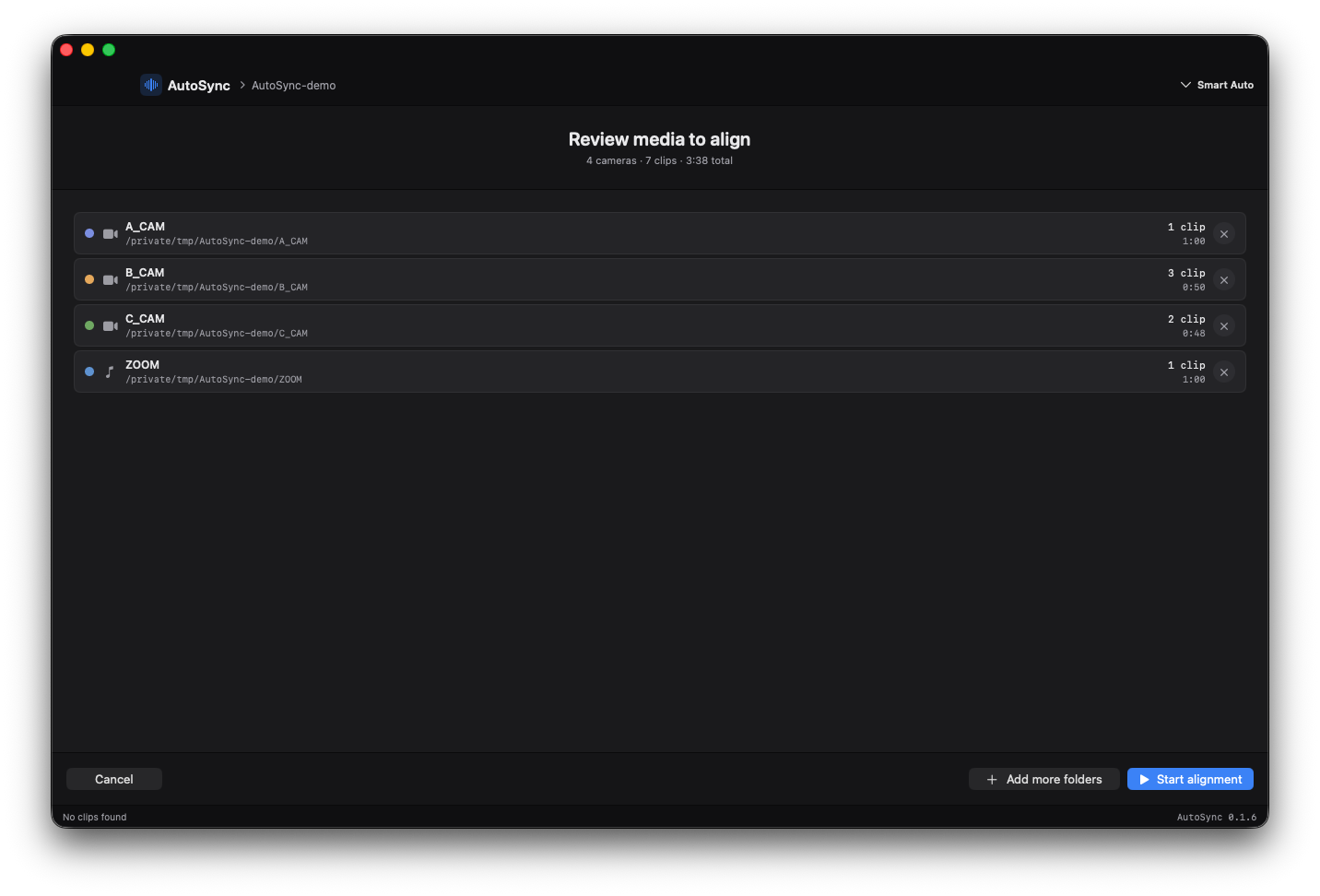 Review screen listing 4 tracks and 7 clips ready to align