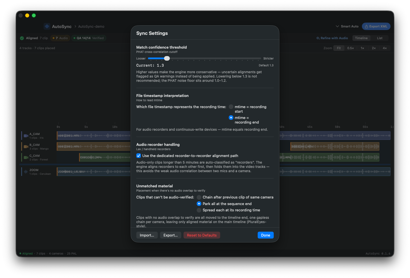 Sync settings sheet showing alignment thresholds and locale preferences